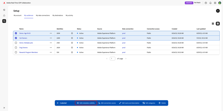 Espace de travail Mes audiences avec l’option Modifier la visibilité des métadonnées mise en surbrillance.