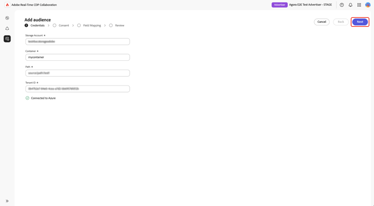 l’étape Informations d’identification affichant les champs de compte de stockage, de conteneur, de chemin d’accès et d’ID client terminés avec un message de confirmation Connecté à Azure . ​