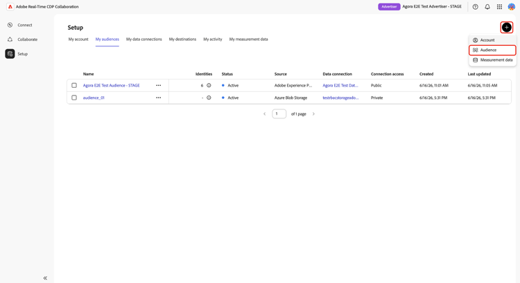 Vue Mes audiences affichant l’option Ajouter une audience utilisée pour créer une nouvelle audience ou connexion de données.