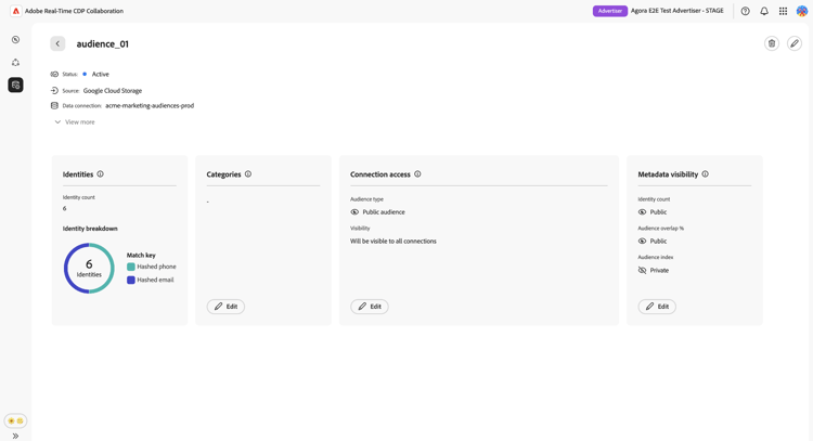Vue détaillée d’audience individuelle indiquant le statut : actif, le système source et le nom de la connexion de données en haut, avec quatre panneaux ci-dessous : identités indiquant le nombre et la répartition des identités, catégories indiquant les balises appliquées, accès à la connexion indiquant le type et la visibilité de l’audience et visibilité des métadonnées indiquant les paramètres de nombre d’identités, de pourcentage de chevauchement et d’index d’audience