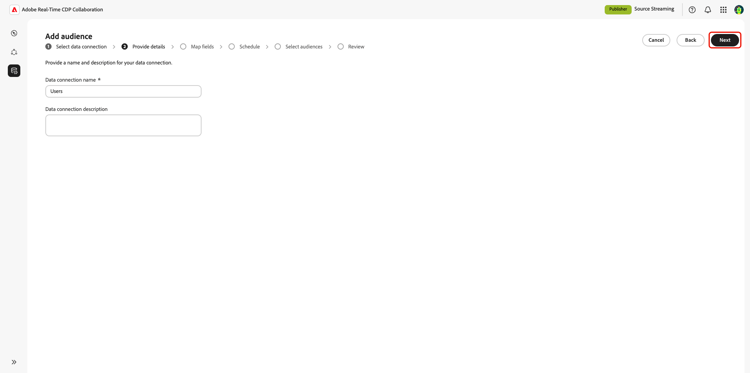 Espace de travail Ajouter des audiences avec la possibilité de fournir un nom et une description.