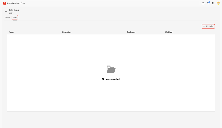 L’espace de travail Utilisateur correspondant affiche l’onglet Rôles avec l’option Ajouter des rôles mise en surbrillance.