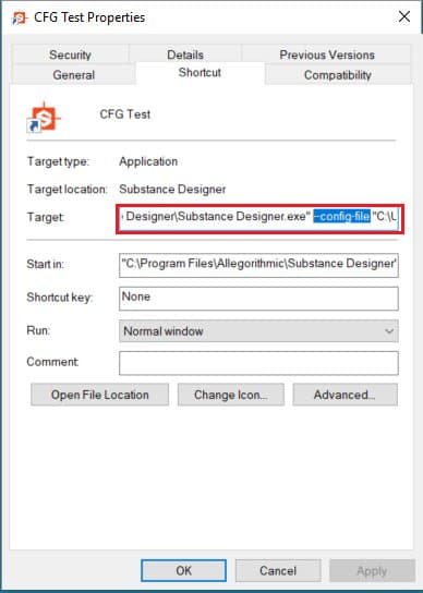Entrée du fichier de configuration dans les propriétés du fichier exécutable