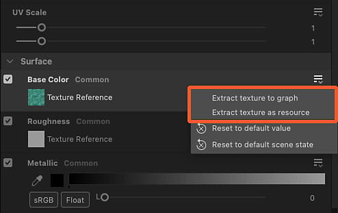 Extraire la texture vers le graphe - Action dans le dock des propriétés
