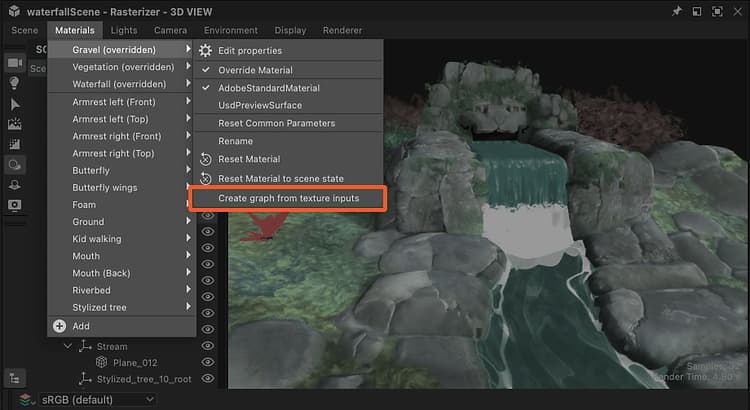 Créer un graphe à partir des entrées de texture - Action dans le menu « Matériaux »