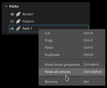 Menu contextuel du panneau Chemin d'accès