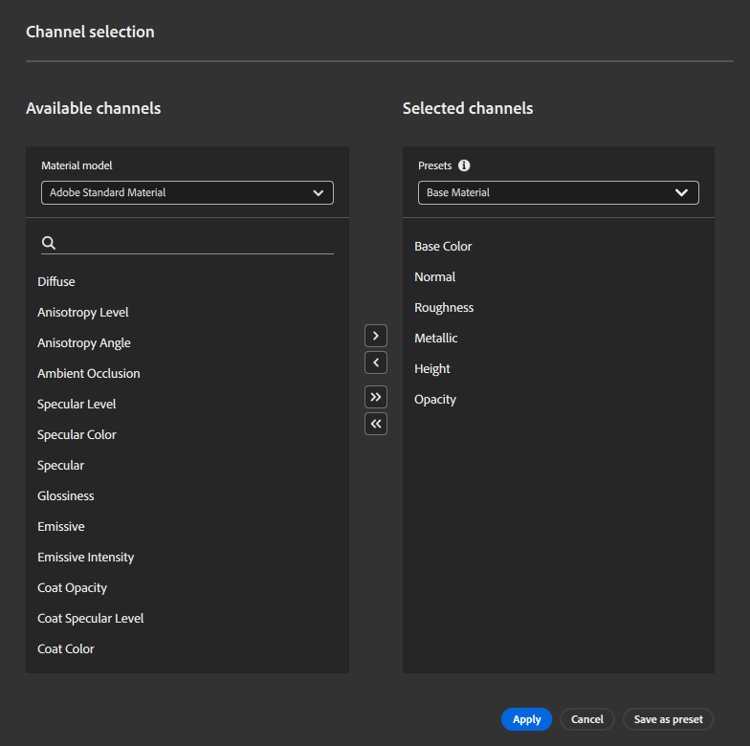 Capture d'écran de la fenêtre de sélection des canaux avec l'Adobe Standard Material sélectionné en Modèle de matériau.