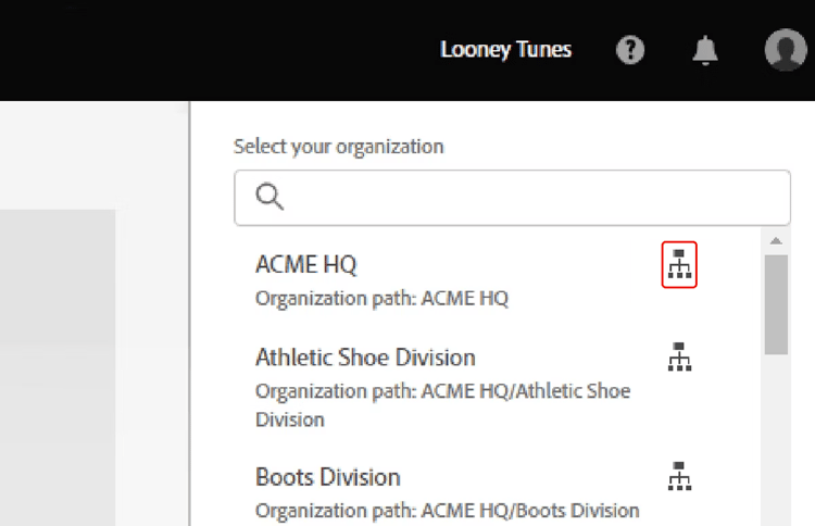 admin console sélectionnez l’emplacement de votre organisation enfant