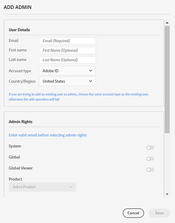 Global Admin Console ajouter un administrateur