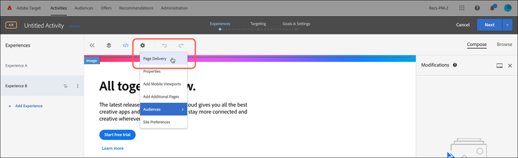 Configuration de lʼinterface utilisateur des paramètres de Diffusion de page