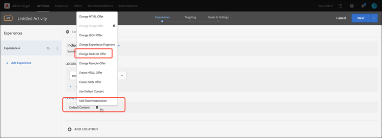 Option Modifier l’offre de redirection