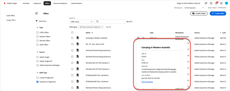 Fenêtre contextuelle d’informations sur le fragment d’expérience