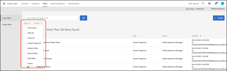 Filtrer par types de fragments de contenu : HTML ou JSON dans l’interface utilisateur de Target