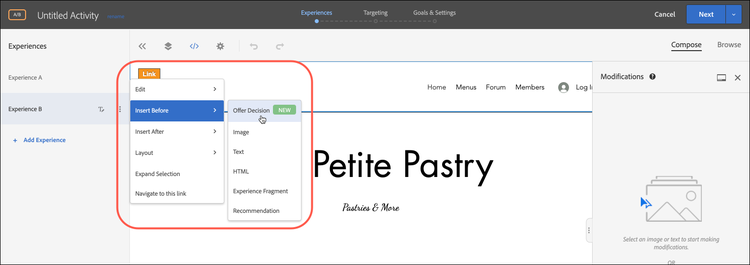 Menu Options dans le compositeur d’expérience visuelle