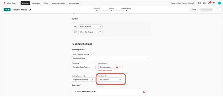 Option Sandbox dans la boîte de dialogue Paramètres des rapports