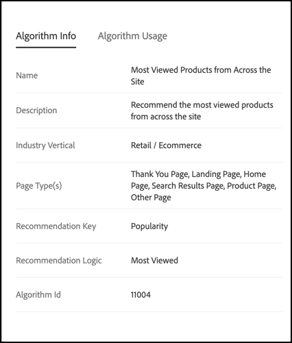 Onglet Informations sur l’algorithme