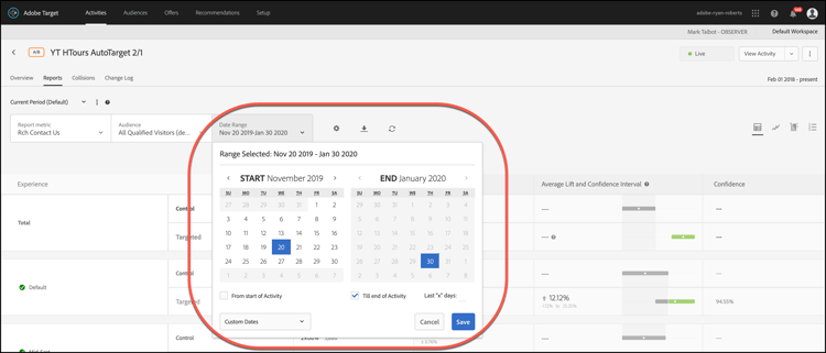 Calendrier dans le rapport Adobe Target