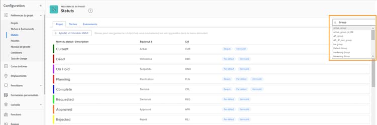 Menu Liste des groupes sur la page Statuts