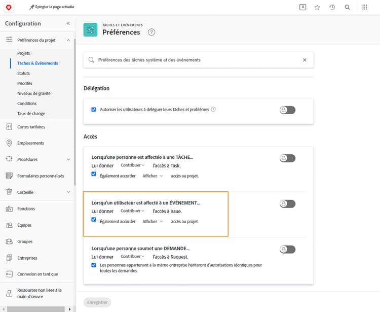 Tâches et problèmes avec la section Lorsqu’une personne est affectée à un PROBLÈME mise en surbrillance