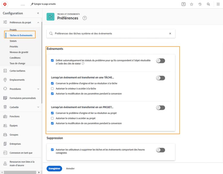 Tâches et problèmes avec la section Problèmes mise en surbrillance