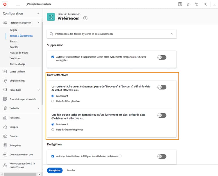 Tâches et problèmes avec la section Dates réelles mise en surbrillance