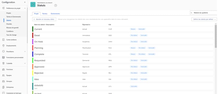 Problèmes sur la page Statuts dans Configuration