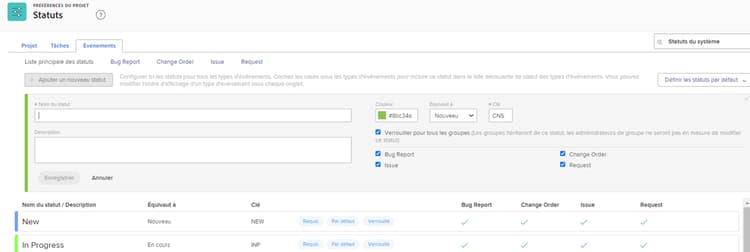 Fenêtre Nouveau statut sur la page Statuts