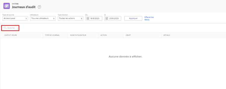 Exporter sur la page Journaux d’audit