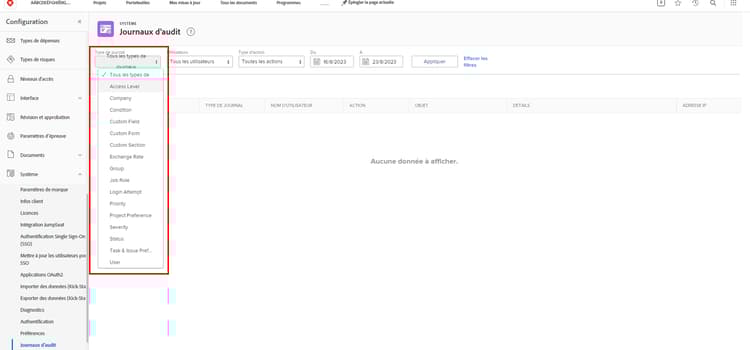 Type de journal, sur la page Journaux d’audit dans Configuration