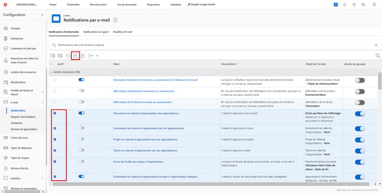 Accès au groupe sur la page Notifications par e-mail