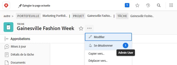 Menu Tâche qui affiche les personnes qui se sont abonnées