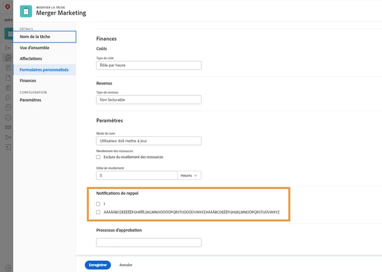 Notification de rappel dans la fenêtre Modifier la tâche