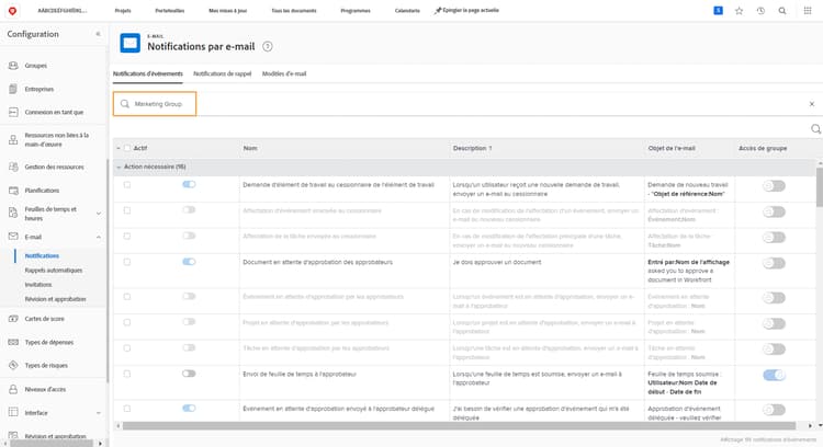 Accès au groupe sur la page Notifications par e-mail