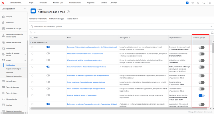 Accès au groupe sur la page Notifications par e-mail