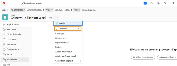 S’abonner dans le menu des tâches