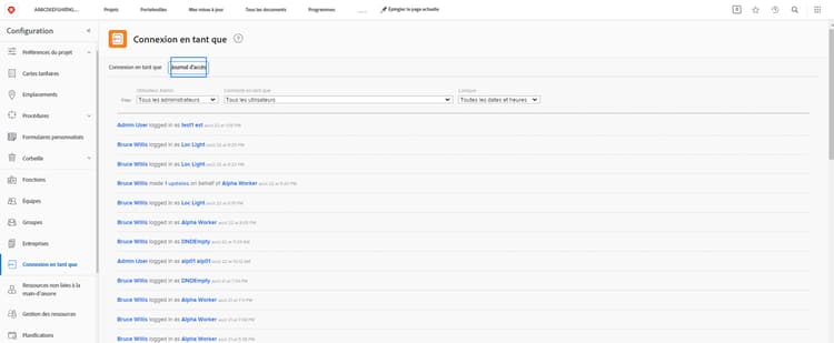 Journal d’accès sur la page Se connecter en tant que