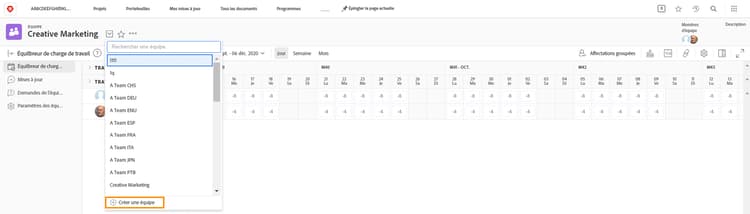 Menu Équipe sur la page Équipes