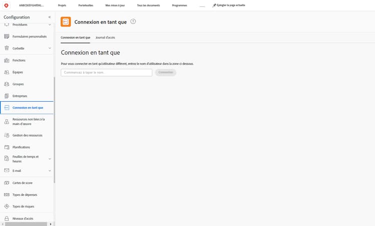 Se connecter en tant que dans la zone Configuration