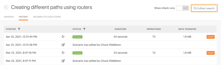Image de la recherche de l’historique d’exécution