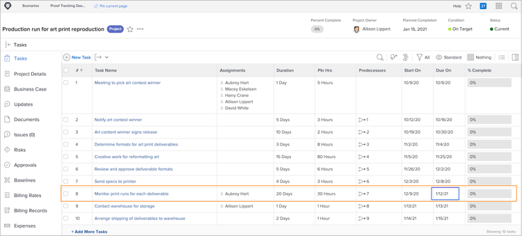tâche de projet avec date d’échéance