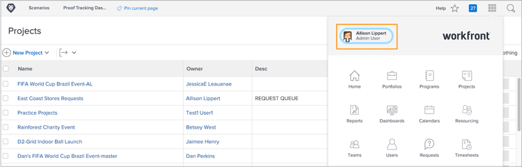 nom d’utilisateur dans le menu principal