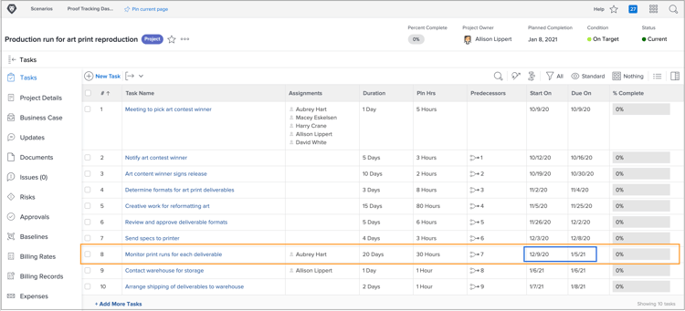 modification des dates des tâches du projet