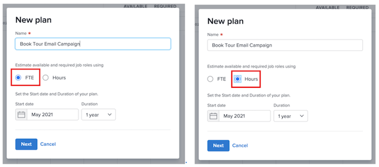 Sélectionner ETP ou Heures dans la fenêtre Nouveau plan