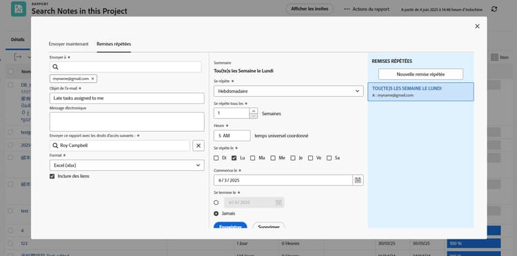 Image de l’écran permettant de configurer des diffusions répétées de rapports