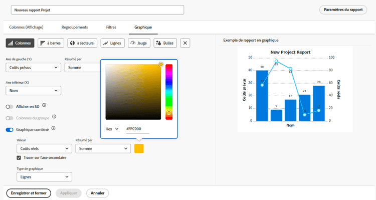 Image de l’écran d’ajout d’un graphique à un rapport