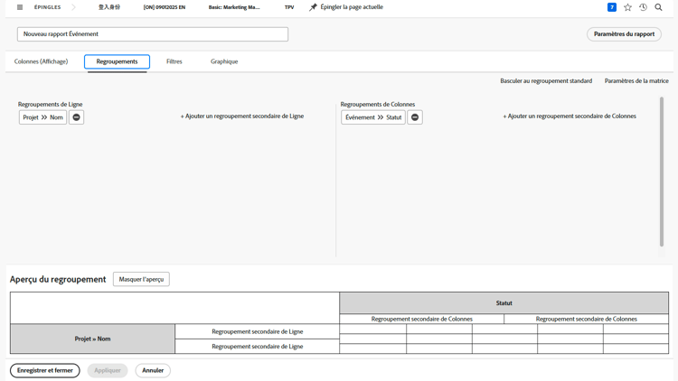 Image de l’écran permettant de créer un nouveau regroupement de rapports de problèmes.