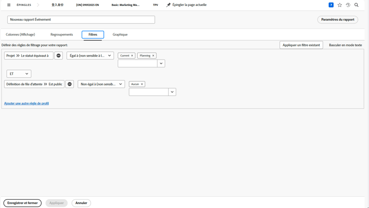 Image de l’écran permettant de créer un filtre de rapport de problèmes
