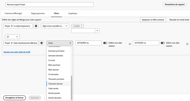 Image de l’écran d’ajout de filtres à un rapport