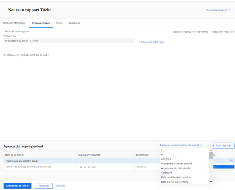 Image de l’écran de création de regroupements dans un rapport de tâche