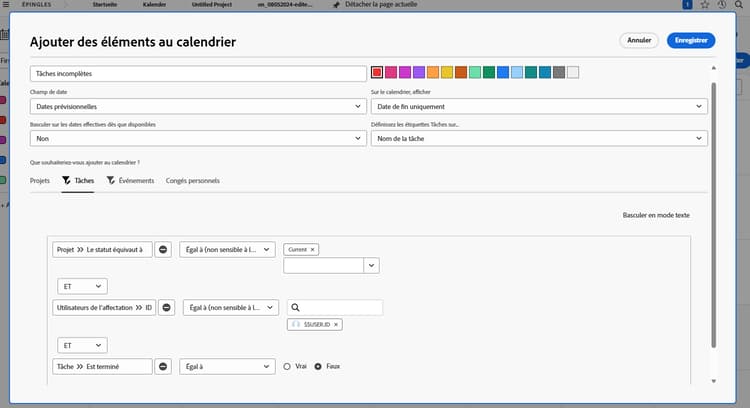 Image de l’écran d’ajout d’éléments à un calendrier